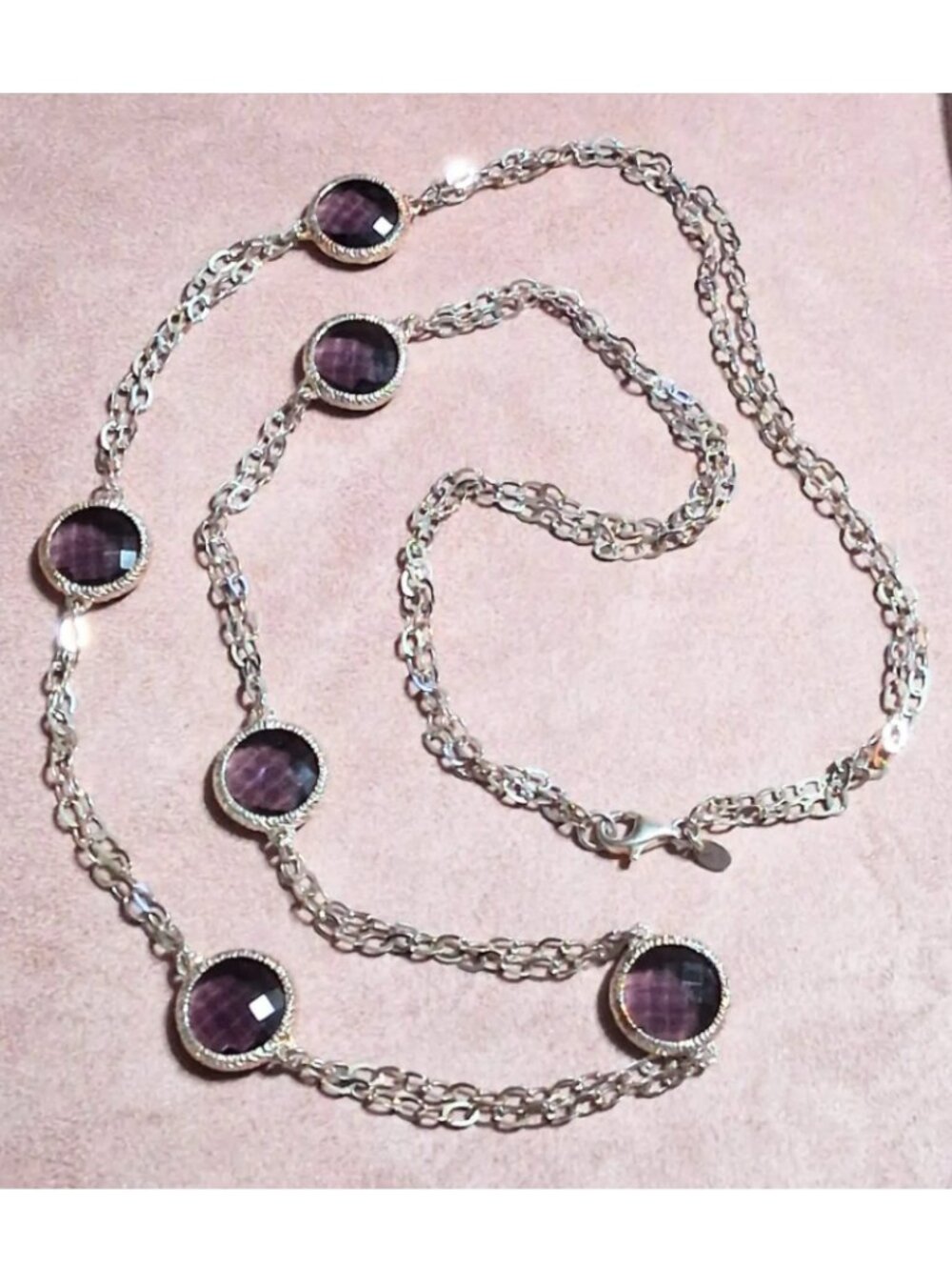 36 inch Sterling Silver Milor Purple Crystal Station Necklace (32 grams)